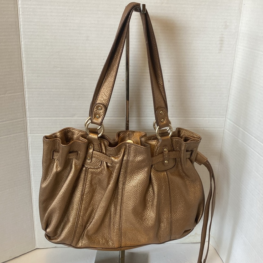 VGUC. Sigrid Olsen Brown/Bronze leather shoulder bag/drawstring bag.